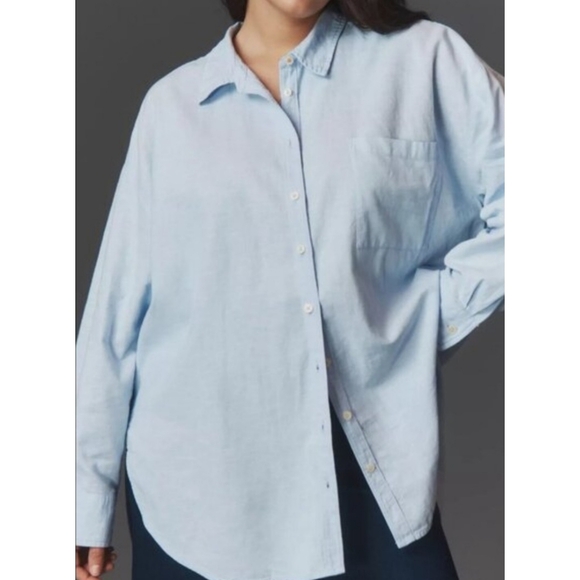 Maeve Anthropologie Pastel Blue Oversized Cotton Pocket Button Down Shirt Medium - Picture 13 of 14
